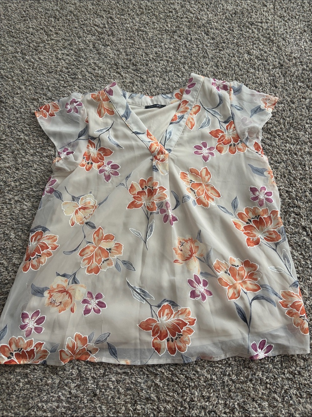Papermoon Cream Floral V-Neck Blouse with Orange & Purple Blooms